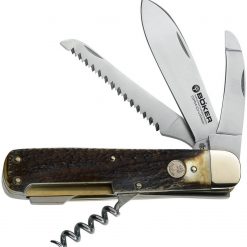 Boker Hunting Quadro BO110649, 3.3" CPM-CruWear Satin Spear, Guthook, Saw Blade, Corkscrew, Brown Stag Handle