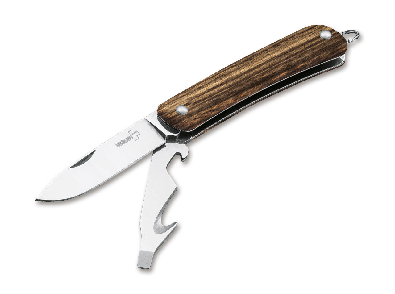 Boker Plus Mini Tech Tool 2 Keychain Folding Knife BOP01BO877, 2.05" 12C27 Plain Blade, Zebrawood Handles, Multi-Tool