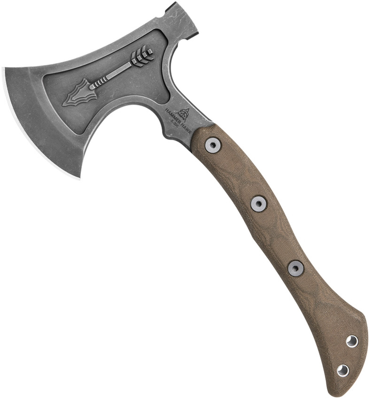 TOPS Knives Hammer Hawk Axe HAMH-01, 14.5" Overall 1075 Gray Axe / Tomahawk, OD Green Micarta Handle, Brown Leather Sheath