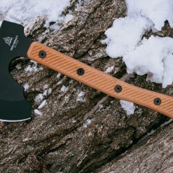 TOPS Knives High Impact Axe HIM-01, 20" Overall 1075 Black Traction Coated Axe, Tan Canvas Micarta Handle, Brown Leather Sheath